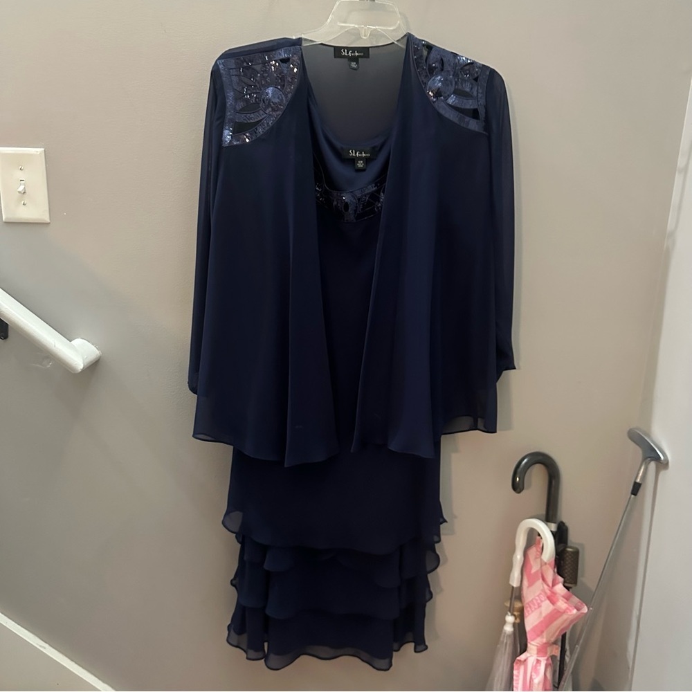 Elegant Navy Blue Women's 18W Ruffle Dress & Shawl Sequin Cutout S.L Fashions